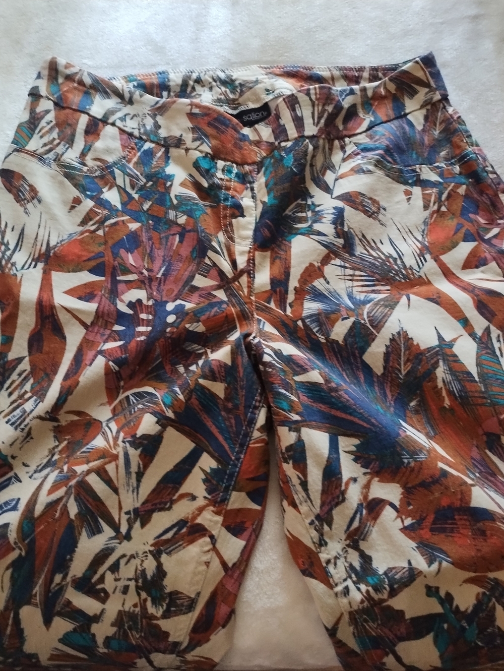 Slimsation By Multiples Cream Pants with Rust & Teal Tropical Print
